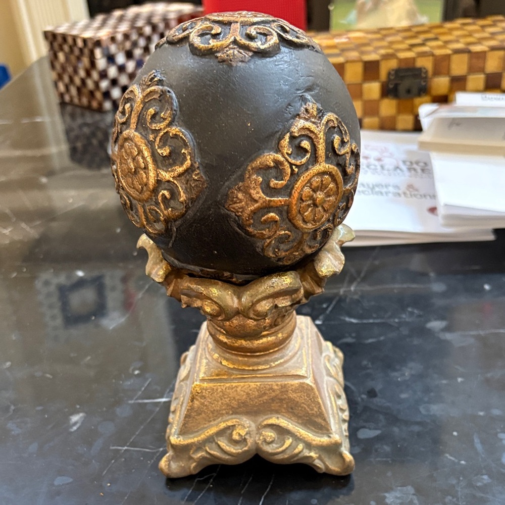 Vintage Black and Gold Decorative Orb with Gold Accent Pedestal-Resin